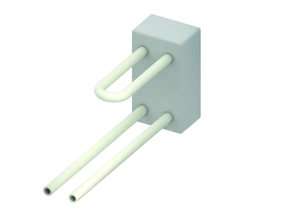 Heizkörperinstallationsbox aus Schaumstoff mit zwei Rohren, hergestellt von TECE. Die Box hat eine rechteckige Form und ist in heller Farbe gestaltet.